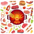 BBQ Party Icons Meat Veggies Vector Illustration