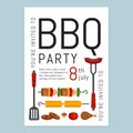 Bbq party invitation with grill and food. Barbecue poster. Food