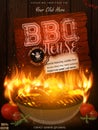 Bbq party invitation with grill, food elements and fire on wooden. Barbecue poster. Food flyer.