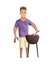 BBQ party. Man with a barbecue grill. Picnic with fresh food steak and sausages. Happy smiling man character barbecuing