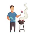 BBQ party. Man with a barbecue grill. Picnic with fresh food steak and sausages. Happy smiling man character barbecuing