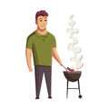 BBQ party. Man with a barbecue grill. Picnic with fresh food steak and sausages. Happy smiling man character barbecuing