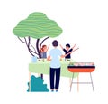 BBQ party. Parent and children. Eating on nature, backyard picnic. Kids happy kebab and vegetables vector illustration Royalty Free Stock Photo