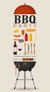 Bbq party poster invitation with grill and food. Barbecue grill elements set. Meat restaurant at home. Charcoal kettle Royalty Free Stock Photo