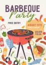 BBQ party poster template. Ad flyer design with barbecue grill, brazier and meat food. Vertical promo card for summer