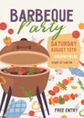 BBQ party poster template. Summer barbecue picnic flyer design with brazier and meat food. Vertical ads banner for