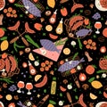BBQ party seamless pattern. BBQ party food background. Summer picnic banner with barbecue grill, roasted sausages