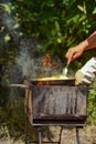 BBQ picnic. Camping, making juicy fried potatoes. Vertical orientation, copy spase, dark moody photo.