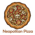 BBQ pizza with pork, chicken, bell pepper, barbecue sauce, mushroom, pesto. Neapolitan round pizza on white background