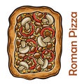 BBQ pizza with pork, chicken, bell pepper, barbecue sauce, mushroom, pesto. Roman pizza rectangular on white background