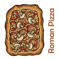 BBQ pizza with pork, chicken, bell pepper, barbecue sauce, mushroom, pesto. Roman pizza rectangular on white background