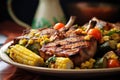 bbq pork chops with corn and vegetables Royalty Free Stock Photo