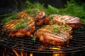 bbq pork chops with herbs and spices on grill grate Royalty Free Stock Photo