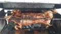 Closed up BBQ grilled pork on fire ready to dinner Royalty Free Stock Photo