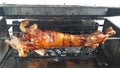Closed up BBQ grilled pork on fire ready to dinner Royalty Free Stock Photo
