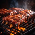 bbq pork ribs cooking on flaming grill. grilling baby back pork ribs over flaming grill Royalty Free Stock Photo