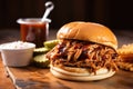 bbq pulled pork piled on a fresh bun, side pickle