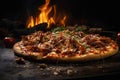BBQ Pulled Pork pizza, hot cheese, rustic background, close up