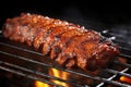bbq ribs basted with sauce on a grill grate