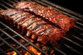 bbq ribs basted with sauce on a grill grate
