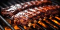 BBQ ribs cooking on flaming grill shot with selective focus. Generative AI