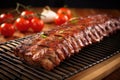 bbq ribs with grill lines on a metallic platter