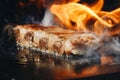 BBQ Roast Marinated Baby Back Pork Ribs Close-up On Hot Flaming Grill Background Royalty Free Stock Photo