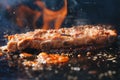 BBQ Roast Marinated Baby Back Pork Ribs Close-up On Hot Flaming Grill Background Royalty Free Stock Photo