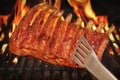 BBQ Roasted Baby Back Pork Ribs On Hot Flaming Grill Royalty Free Stock Photo