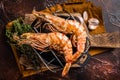 BBQ roasted Giant shrimps Langoustine on grill with herbs. Dark background. Top view