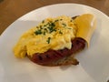 Bbq Sausage with Cheddar and Scrambled Eggs for Breakfast Royalty Free Stock Photo