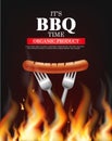 Bbq sausage fire Vector realistic. Vertical menu brochure template hot grill. Hot sauce chily and tomato. 3d