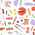 Bbq seamless pattern. Food and grill tools, barbecue equipment. Meat knife, shrimp, vegetables and kebab. Chicken and Royalty Free Stock Photo