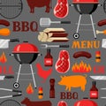 Bbq seamless pattern with grill objects and icons