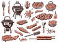 BBQ set. Barbecue Grill Icons in hand-drawn style