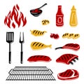 Bbq set of grill objects and icons. Stylized kitchen and restaurant items.