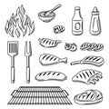 Bbq set of grill objects and icons. Stylized kitchen and restaurant items.