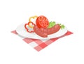 BBQ Set, Sausage for Barbecue on Plate Vector Icon