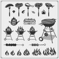 BBQ set. Steak icons, BBQ tools and labels and emblems. Royalty Free Stock Photo