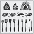 BBQ set. Steak icons, BBQ tools and labels and emblems. Vector monochrome illustration. Royalty Free Stock Photo