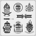 BBQ set. Steak icons, BBQ tools and labels and emblems. Royalty Free Stock Photo