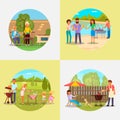 People on bbq party vector flat illustration Royalty Free Stock Photo