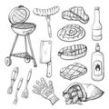 Bbq sketch, set of barbecue and grill tools Royalty Free Stock Photo