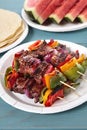 BBQ skewer with beef and vegetables on the picnic table Royalty Free Stock Photo