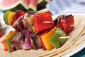BBQ skewer with beef and vegetables on tortilla Royalty Free Stock Photo