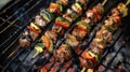 BBQ skewers loaded with savory meat and tender veggies sizzling over a fire Royalty Free Stock Photo