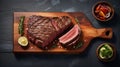 bbq Sliced grilled medium rare beef steak served on wooden board Barbecue Royalty Free Stock Photo