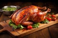 bbq smoked whole chicken resting on a wooden board