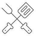 BBQ spatula and fork thin line icon, picnic concept, Grill Tools sign on white background, Barbecue fork with spatula Royalty Free Stock Photo