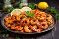 bbq spiced shrimps garnished with fresh herbs